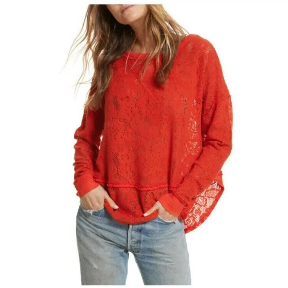 FREE PEOPLE | Not Cold Eyelet Oversized Orange Red Sweater Women’s Size Small
